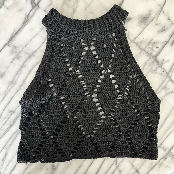 SADH Black Crochet Knit Crop Halter Top Resortwear Handmade - Picture 3 of 5